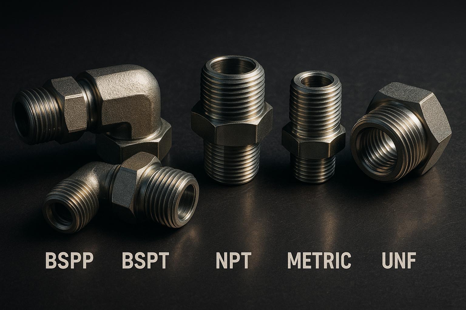 انواع رزوه‌ در اتصالات هیدرولیک: راهنمای جامع شناسایی BSPP, BSPT, NPT, Metric و UNF